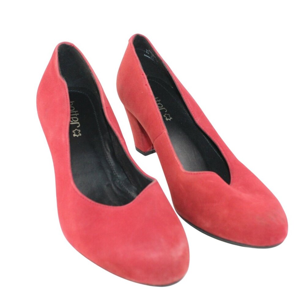 Hotter Womens Sz 8.5M Joanna Red Suede Round Toe Slip On Block High Heels Pump - Picture 2 of 12